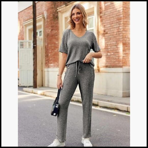 Ribbed Knit Lounge Set Short Sleeve V-Neck Top Long Pants Pajama - Picture 6 of 7